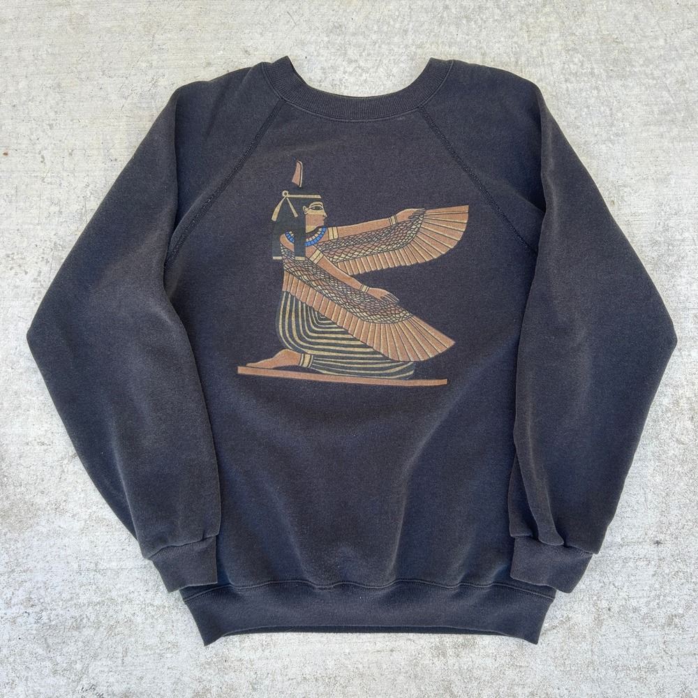 Vintage 80s ART Sweatshirt Large Black Egyptian Goddess Isis Graphic Boxy USA - Picture 1 of 7